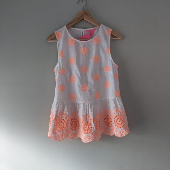 Lilly Pulitzer | Lilliana Top Cantaloupe Embroidered Seersucker NWT Size XS - Picture 2 of 9